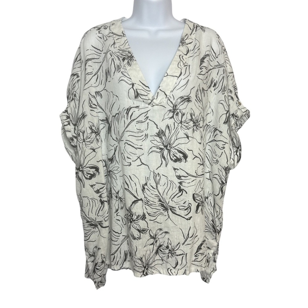Joie Womens 2X Black White Linen Palm Print Top Blouse Cover Up Swim Vacation